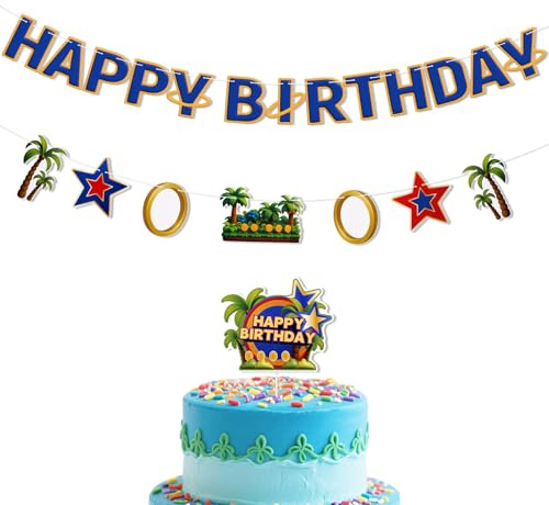 SAVITA Game Theme Happy Birthday Banner and Cake Topper, Cool Blue Animal Cartoon Theme Party Decorations with Gold Rings Coconut Trees Stars Design for Boys Girls Birthday Baby Shower Supplies