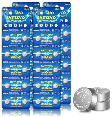 avmzvo SR626SW knappcellsbatterier, klockbatteri 377 AG4 1,5 V, 40 stycken | SR626/V377, kvicksilverfri, barnsäker förpackning 【5 års garanti】