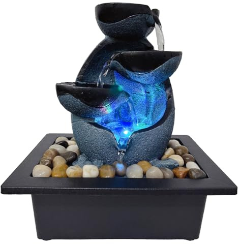 Tabletop Water Fountain with LED Lights, Indoor Resin Waterfall Fountain for Desk Office Home Decor, Zen Meditation Relaxation Feature with ON/Off Switch and Pebbles