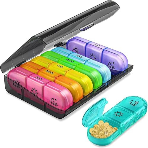 Wöchentlicher Pillendose,Tablettenbox 7 Tage, BPA-freier tragbarer Pillenbox,Medikamentenbox mit großen separaten Fächern für Medikamente, Vitamine, Fischöl, Nahrungsergänzungsmittel usw.