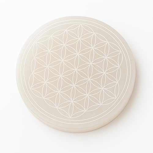 Placa redonda de Selenita Natural, 10 cm, Disco de carga circular cristal con Grabados Místicos, para Meditación y Energía, Nudo de Bruja, 7 Chakras, Flor de la Vida (Flor de Vida Placa de Selenita)