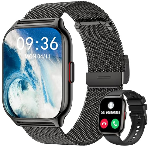 APAUK Smartwatch für Damen Herren,Fitnesstracker 2'01 Zoll mit Telefonfunktion/Sprachassistent/Message Reminder,Fitnessuhr Puls-Schlaf-Monitor(Metall schwarz + Silikon schwarz)