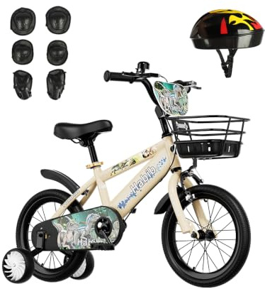 Habib Dino Kinderfahrrad Jungen 12 14 16 Zoll, Helm & 6-TLG. Schutzset | Größe nach Körpergröße: 12 Zoll 85–105, 14 Zoll 100–120, 16 Zoll 115–130 cm – Sattel ab 47 cm