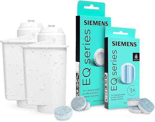 Set di Manutenzione per Macchine da Caffè Siemens serie EQ, Pastiglie detergenti (10 pezzi), decalcificante 2in1 (3 pezzi) e 2 filtri AquaIntense, Compatibile con Siemens Bosch TZ70003 TZ80001 TZ80002