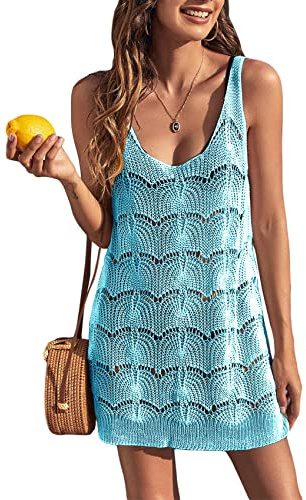 Saodimallsu - Vestito da donna senza maniche, stile boho, estivo, a rete, con scollatura profonda, per la spiaggia, sexy, in pizzo, per coprire il bikini, per il tempo libero, azzurro, L