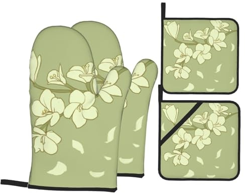 Cartoon Begonia Lot de 4 gants de cuisine et tapis résistants à la chaleur Convient pour griller, frire et cuire au four à micro-ondes