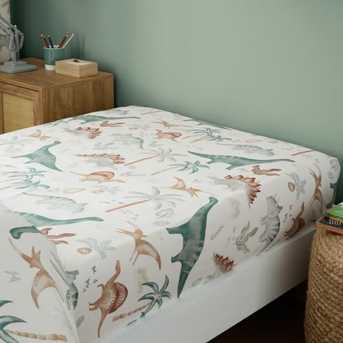 Happy Linen Company flickor pojkar barn Scandi Saurus dinosaurie elfenben småbarn barnsäng dra-på-lakan sängkläder sängkläder