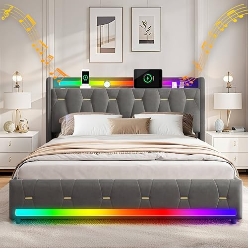 XMFFPM Letto Imbottito in Velluto 160x200cm con 4 vani di archiviazione, Altoparlante Bluetooth, Luci LED e Porte USB/Type-C, Telaio Letto a Piattaforma con 4 Cassetti e Doghe in Legno, Grigio