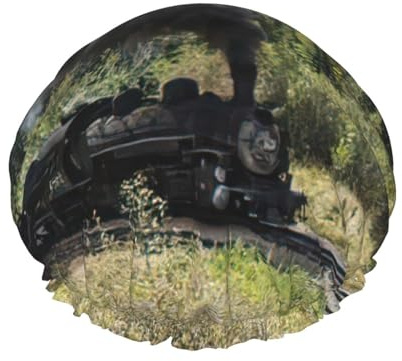 Steam Locomotive Train Print Shower Essentials Bonnet For Women, Large Washable Elastic Band Bath Hair Wrap Shower Cap