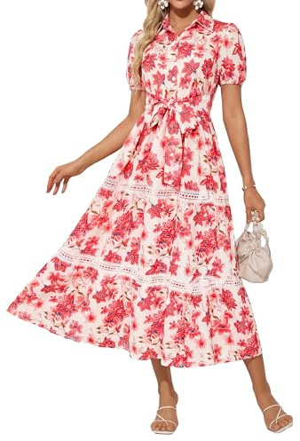 GRACE KARIN Women Summer Short Sleeve Floral Dress Casual Polo Collar Tie Belt Boho Dresses with Pockets Beach Maxi Shirt Dress
