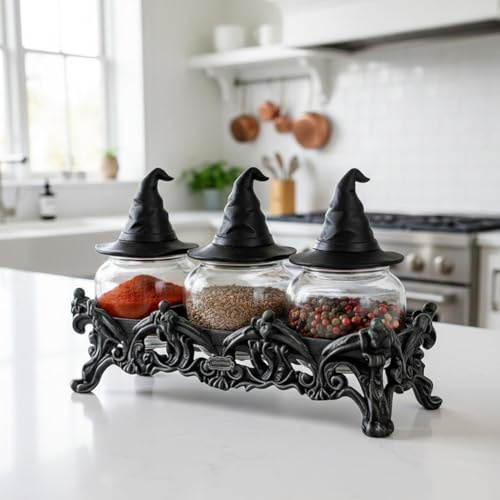 Witchy Frog Apothecary Spice Jars Set Glass Vintage Gothic Kitchen Decor Decorative Storage Containers Seasoning Shakers Unique Gift Whimsical Frog Lids Three Piece Apothecary
