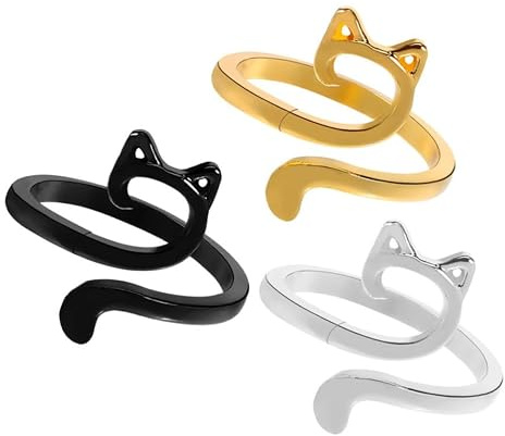SHINEOFI Anelli Decorativi ad Uncinetto Gatto 3pezzi Anello Regolabile in Lega di Zinco Leggero per Cucito e Lavoro a Maglia Accessori Unici