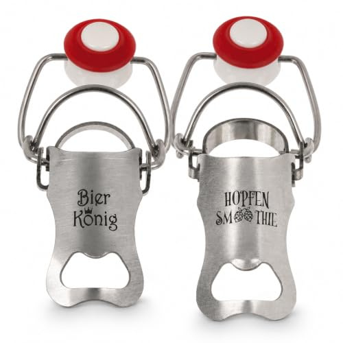 MIJOMA Flaschenverschluss mit Öffner, 2er Set Bier König & Hopfen Smoothie | Metall, Kunststoff & Gummi, 9 cm hoch, Spruchmotive, für Küche, Bar, Grillabend, Party, Camping & Geschenk