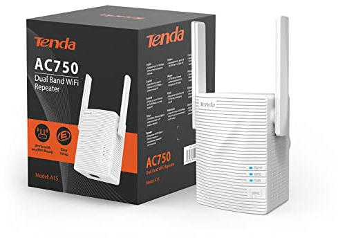 Tenda A15 AC750 Dual Band ripetitore WiFi universale, a banda larga/Wi-Fi Extender, Wi-Fi Booster/Hotspot con 1 porta Ethernet, Plug and Play, modalità punto di accesso integrato, spina UK