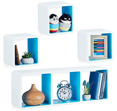 Delex Wall mounted Shelves Floating wooden Decorative Cube Storage Shelf Set of 4 White/Blue