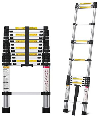 MGENLONG 12.5FT Telescoping Ladder- Multi-Purpose Aluminum Extension Ladder Adjustable Compact Ladder for Household, RV, Outdoor, 330lbs Max Capacity