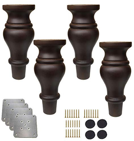 PSQME 4 Stück Möbelbeine aus Holz, Ersatzfüße in Kürbisform aus massivem Holz, antike Sofafüße, für Schrank, Couch, Stuhl, Bett, Ottomane, mit Montageplatte und Schrauben