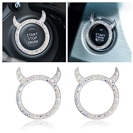 CGEAMDY 2Pcs Auto Start-Stopp-Knopf Abdeckung Glänzend Dekorativen Ring, Legierung Strass Auto Taste Ring, Stilvolle Und Glamouröse Damen Auto Dekorationen(AB)