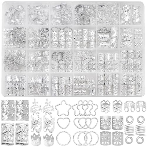 Fscwlmon 260 Pcs Hair Jewelry for Braids,Hair Beads Accessories for Dreadlock,Metal Hair Clips Cuffs Rings,Loc Rave Hair Charm Decorations Adjustable Kits for Men Women Silvery