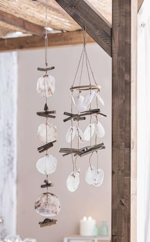 Dekoleidenschaft 2X Windspiel Capiz aus Muscheln und Treibholz, Mobile 75 cm & Dekohänger 90 cm hoch, Klangspiel für Drinnen & Draußen, Balkon & Garten-Deko, Klangobjekt, Fensterdeko