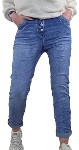 Karostar Damen Stretch Jeans| Boyfriend Baggy Denim Hose| Knopfleiste Schmuck Knöpfe