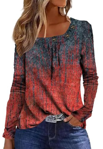 GRMLRPT Topp, långärmad, tryck, kantig urringning, långärmad tröja för kvinnor, t-shirt, elegant, knapp, tröja, blus, casual, tunika, bastoppar (flerfärgad, S–XXL), Svart röd, XL