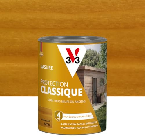 V33 Lasure Bois extérieur Chêne doré - Protection Classique 4 ans - Protège du grisaillement - Direct bois neufs ou anciens - Texture anti-goutte - 0,75L