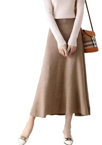 Ailaile Falda larga para mujer, 100 % lana merino, acanalada, elástica, lisa, cálida, para otoño e invierno, Camello, Large