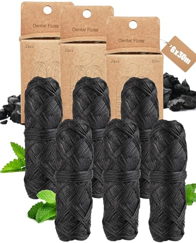 180m Hilo Dental natural de carbón de bambú Hilo Dental a Menta vegano y biodegradable sin plástico dental floss ecologico encerado con candelilla - 6 bobinas 30 m