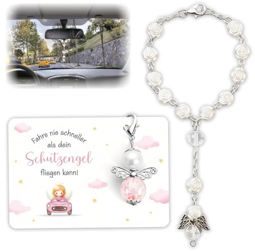 PjuQow Auto Spiegel Anhänger Schutzengel mit Rosenkranz, Glücksbringer Auto Innenraum Zubehör für Frauen, Tolles Geschenk zum Führerschein Bestanden & Neuen Wagen Empfangen