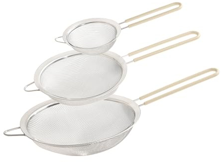 Wiltshire Set of 3 Sieves, Stainless Steel Fine Wire Mesh Strainer with Non-Slip Silicone Coated Handle, Colander & Sifter, Sift Strain Drain & Rinse, 10cm 15cm & 20cm, Dishwasher Safe, Biscotti