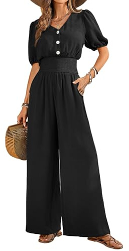 QUNERY Combinaison Femme Ete Jumpsuit Élégant Manches Courtes Col V Casual Playsuit Jambe Large Romper avec Poche Noir M