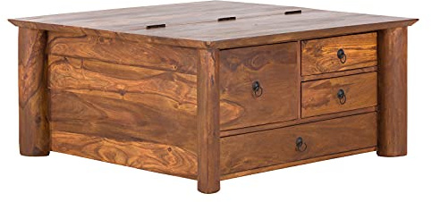 Woodkings Couchtisch Truhe Merlow 90 x 45 x 90 cm massives Akazienholz Truhentisch quadratisch aufklappbare Tischplatte 4 Schubladen aufgebaut Wohnzimmer Möbel