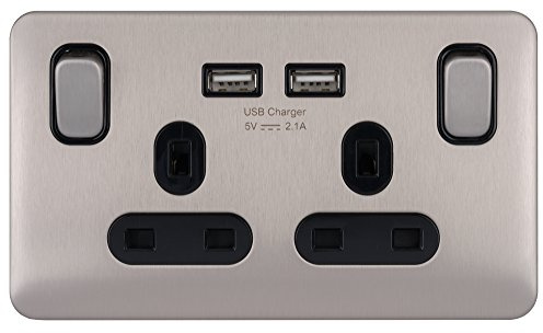 Schneider Electric Lisse-Abdeckung, schraubenlos, Deko, geschaltete Doppelsteckdose, einpolig, mit USB-Ladeanschlüssen, 13 A, GGBL30202USBABSSS, Edelstahl mit schwarzem Einsatz