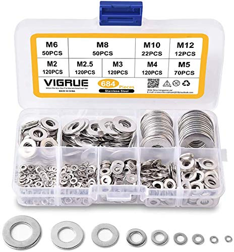 Flach Unterlegscheiben - VIGRUE 684 Stück Beilagscheiben 9 Größen A2-70 Edelstahl Flach und Sicherungsscheiben Sortiment Set (M2 M2.5 M3 M4 M5 M6 M8 M10 M12)