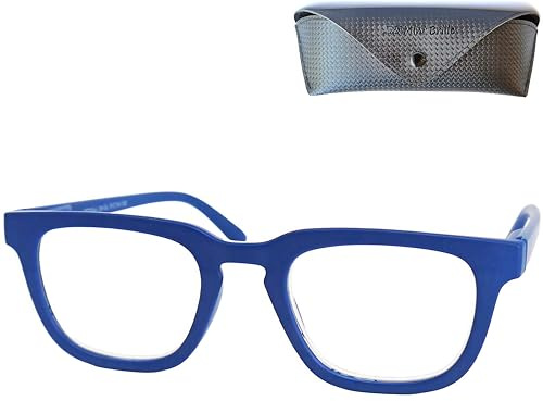 Mini Brille Rechteckige Dicker Rahmen Lesebrille Matt Schwarz Blau mit Etui | Markanter Kunststoffrahmen, rechteckige Gläser, 137 mm Breite, 24 g, mit dunklem Etui