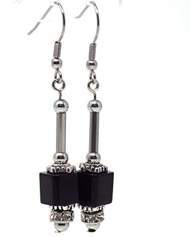 Pendientes colgantes de perlas de vidrio y strass con elemento tubular estilo chic acero inoxidable hechos a mano en Francia (Negro)