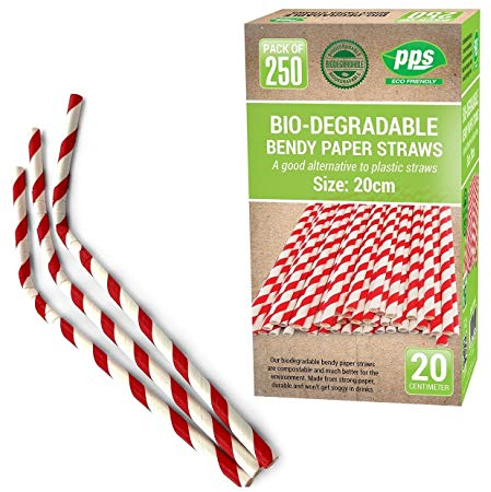 250 x Bendy Red and White Stripe Paper Drinking Straws Biodegradable Eco 8 (20cm) approx