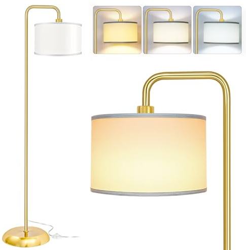 [Upgraded] LED Floor Lamp for Living Room, 3 Color Temperature Floor Lamp with Foot Switch Modern Standing Lamp Tall Pole Floor Reading Lamp for Bedroom, Study Room, Office, 9W Bulb Included, Gold