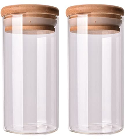 QUUPY 2 PCS Clear Glass Canister Food Storage Jar With Airtight Wood Lids Air Tight Storage Containers for Coffee Bean Loose Leaf Tea Containers Sugar Cookies Dry Fruit Nuts Candy Jars size 350ML