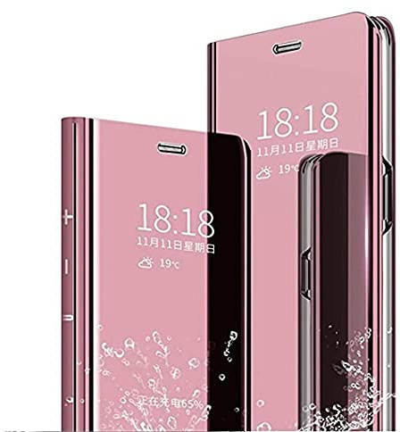 Jacyren Hülle Case für Samsung Galaxy A12, Lederhülle M12 Flip Tasche Spiegel Hülle Klappbar Schutzhülle Handyhülle mit Ständer Funktion PC Mirror Cover Kompatibel mit Samsung Galaxy A12, Rosa