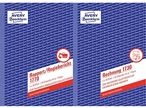 AVERY Zweckform 1770 Rapport/Regiebericht (A5, 2x40 Blatt) weiß/gelb & 1730 Rechnung (A5, 2x40 Blatt, selbstdurchschreibend mit farbigem Durchschlag) weiß/gelb