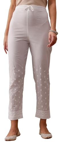 Ada Indian Hand Embroidered Traditional Chikankari Women's Cotton Palazzo Pant A100147, White, Large