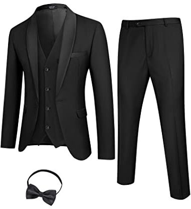 COOFANDY Mens Suits Shawl Lapel Tuxedo Elegant Blazer Vest Trousers Tie for Wedding Prom Black L