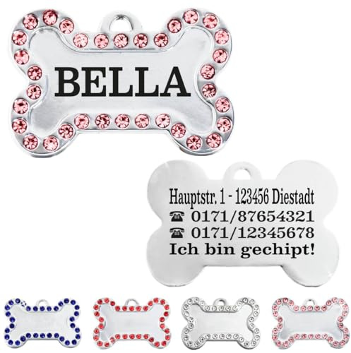 Ibera Gifts - Medaglietta Cane Personalizzata in Acciaio Inossidabile a Forma di Osso 40x26 mm - Targhetta Cane con Incisione per Cani Taglia Media e Grande (rosa)