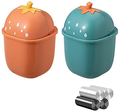 2 Pezzi Mini Bidone Spazzatura con Coperchio per Bagno, Pattumiera da Tavolo con 120 Sacchetti di Cestino, Portatile Portarifiuti per Cucina, Fragola Desktop Cestino 16 x 16 x 25cm (Arancione, Verde)