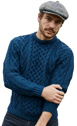 SAOL Suéter de punto trenzado 100 % lana merino, tradicional irlandés, con cuello redondo, para hombre, Azul océano, XX-Large