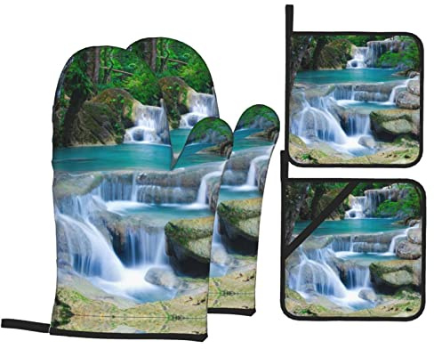 Waterfall Stream Kitchen Oven Mitt And Pot Holder 4 Piece Set - Insulated Cotton Oven Mat To Protect Hands From Hot Utensils