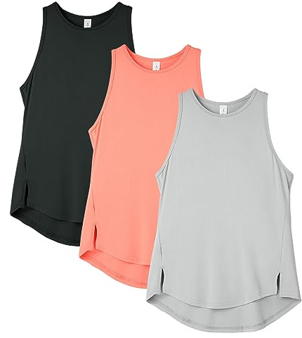 icyzone Damen Sport Tops Racerback Fitness Tank Top Atmungsaktive Gym Yoga Funktions Shirt, 3er Pack (Black/Natural Grey/Hot Pink, L)