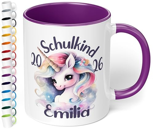 True Statements personalisierte Tasse Schulkind 2026, Violett, Geschenk zur Einschulung für Mädchen, 330 ml Keramiktasse mit Einhorn, Einschulungsgeschenk 1. Klasse